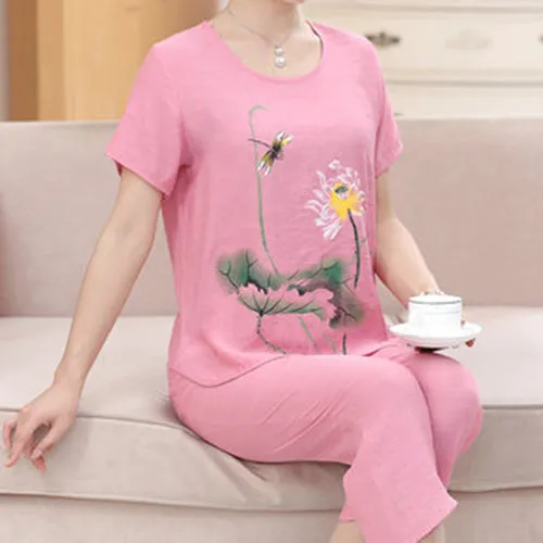 Women's Home Sets Lotus Print T-shirt   Trousers Casual Two-piece