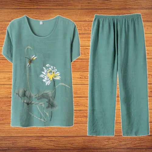 Women's Home Sets Lotus Print T-shirt   Trousers Casual Two-piece