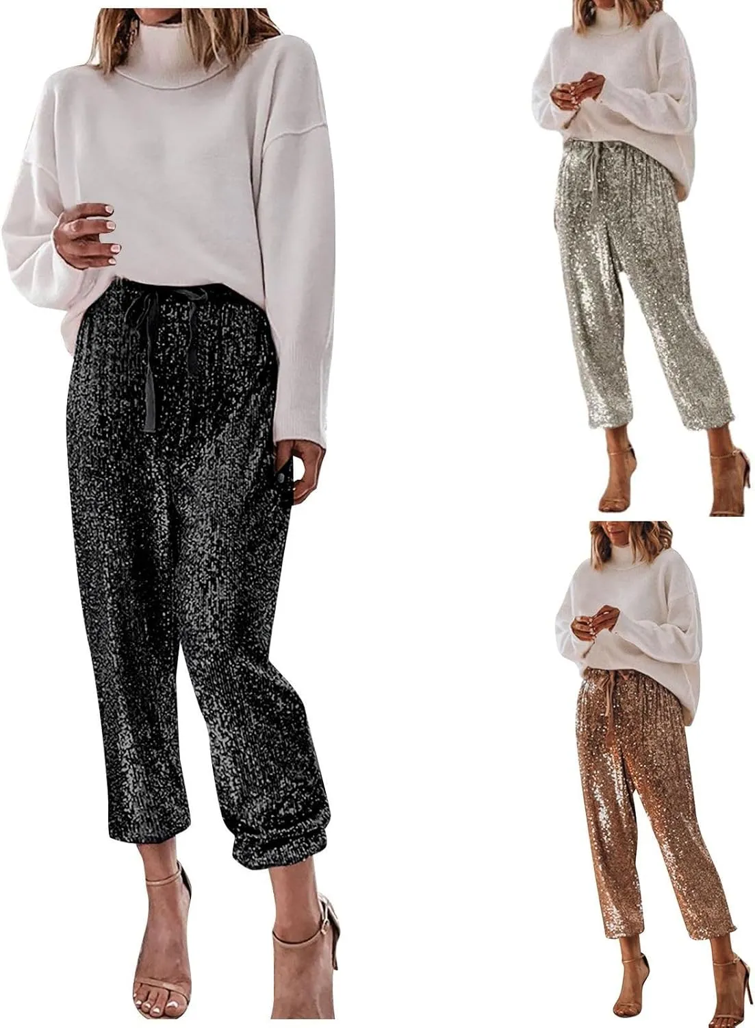 Women's Joggers Pants Ladies Silk High Waist Drape Zip Wide Leg Flared Pants Night Out Casual Slacks Pants Womens