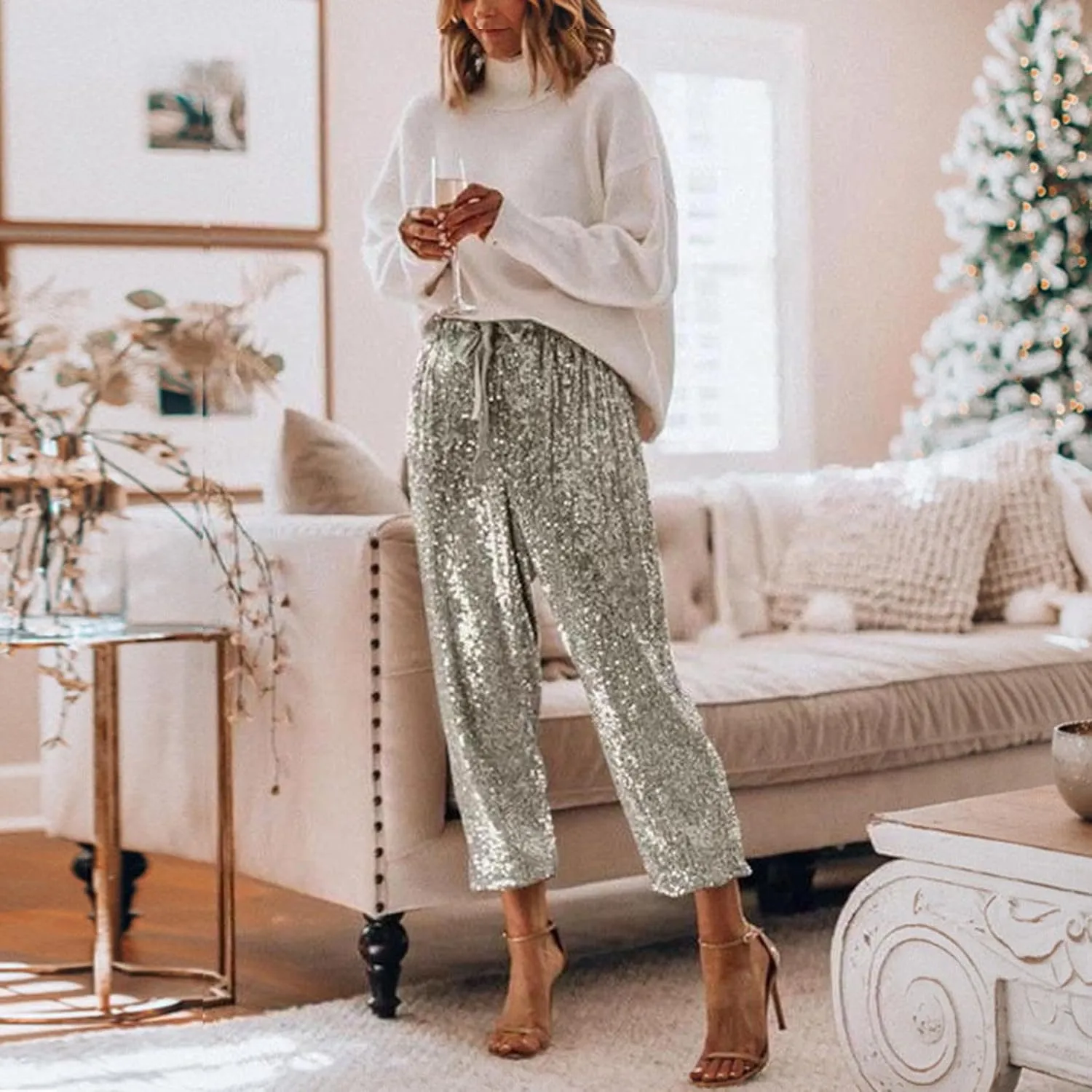 Women's Joggers Pants Ladies Silk High Waist Drape Zip Wide Leg Flared Pants Night Out Casual Slacks Pants Womens