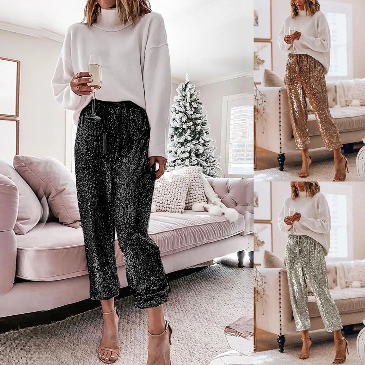 Women's Joggers Pants Ladies Silk High Waist Drape Zip Wide Leg Flared Pants Night Out Casual Slacks Pants Womens