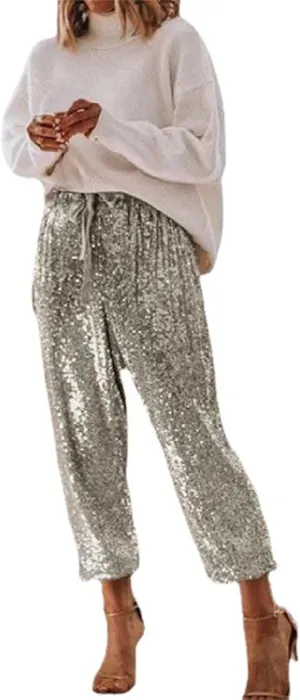 Women's Joggers Pants Ladies Silk High Waist Drape Zip Wide Leg Flared Pants Night Out Casual Slacks Pants Womens
