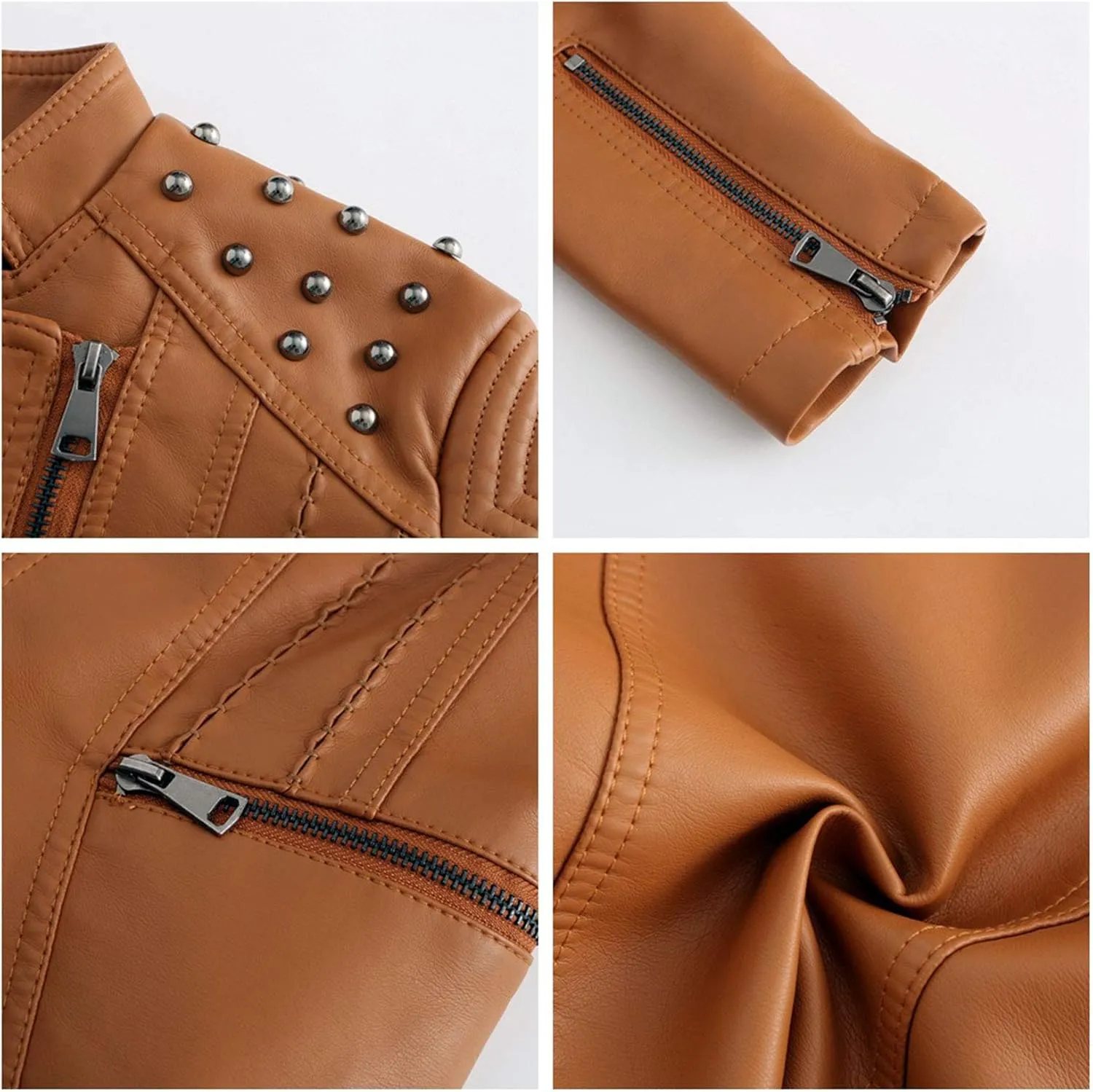Womens Ladies PU Leather Slim Fit Rivet Punk Motorcycle Biker Jacket Coat