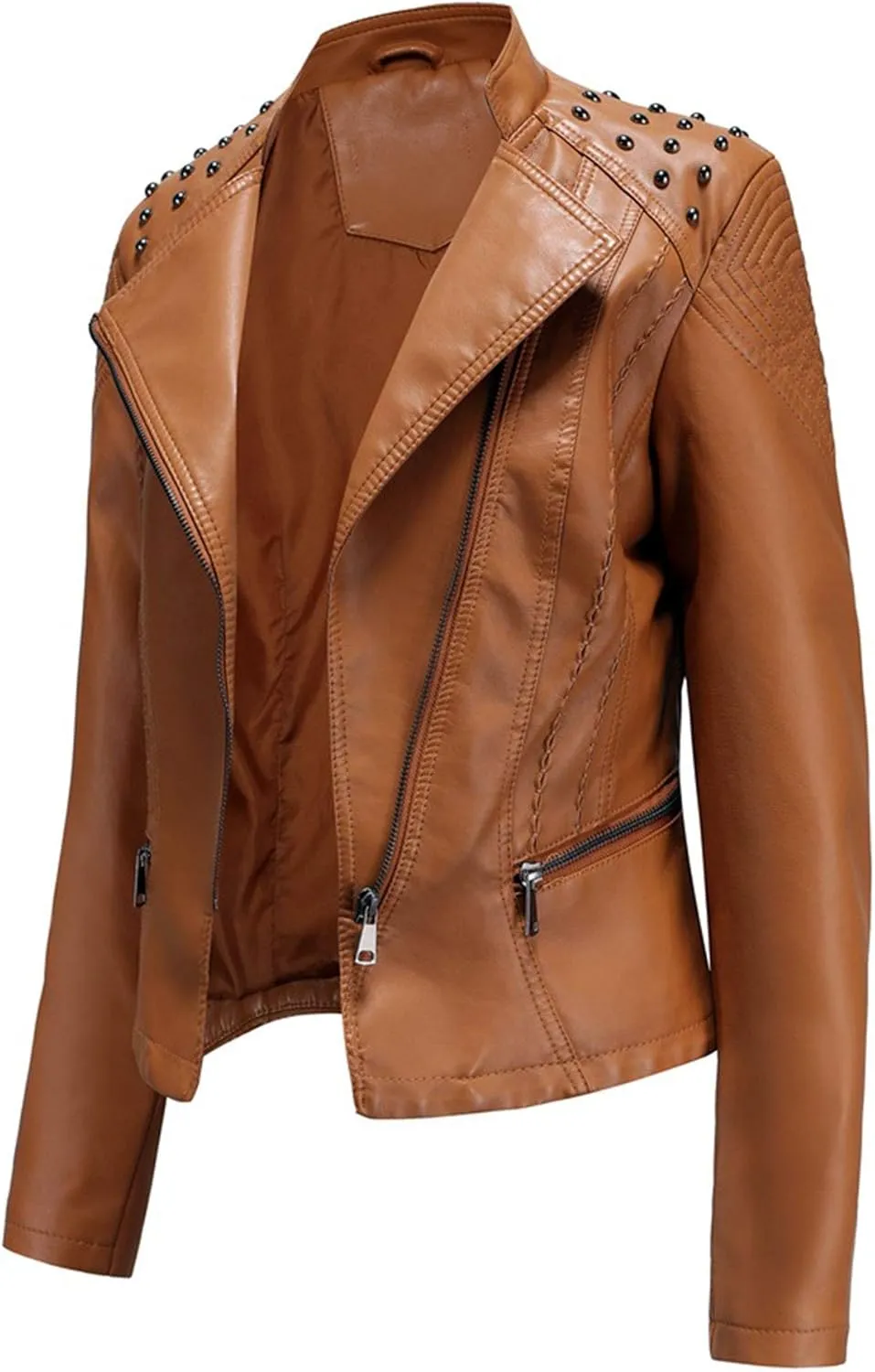Womens Ladies PU Leather Slim Fit Rivet Punk Motorcycle Biker Jacket Coat