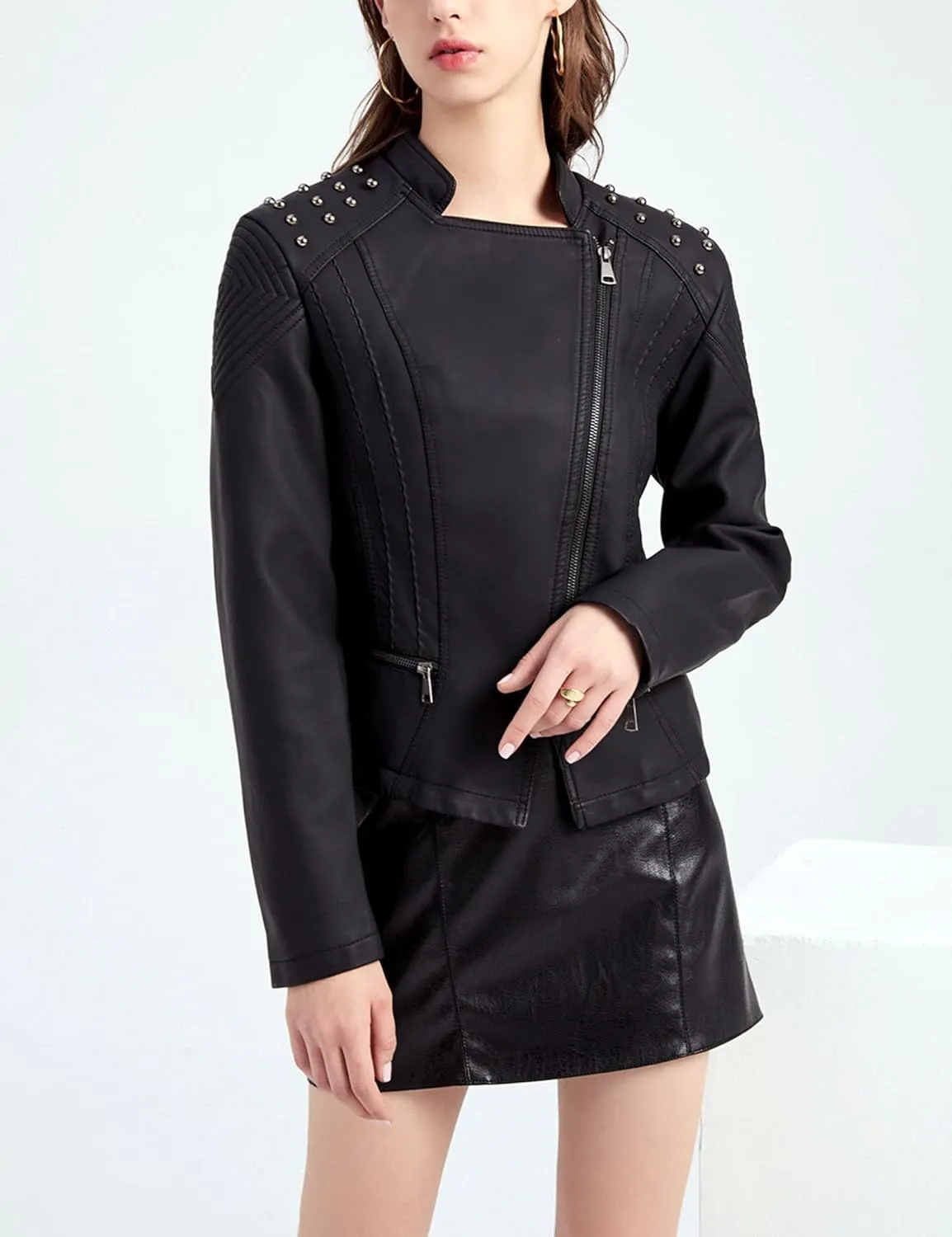 Womens Ladies PU Leather Slim Fit Rivet Punk Motorcycle Biker Jacket Coat