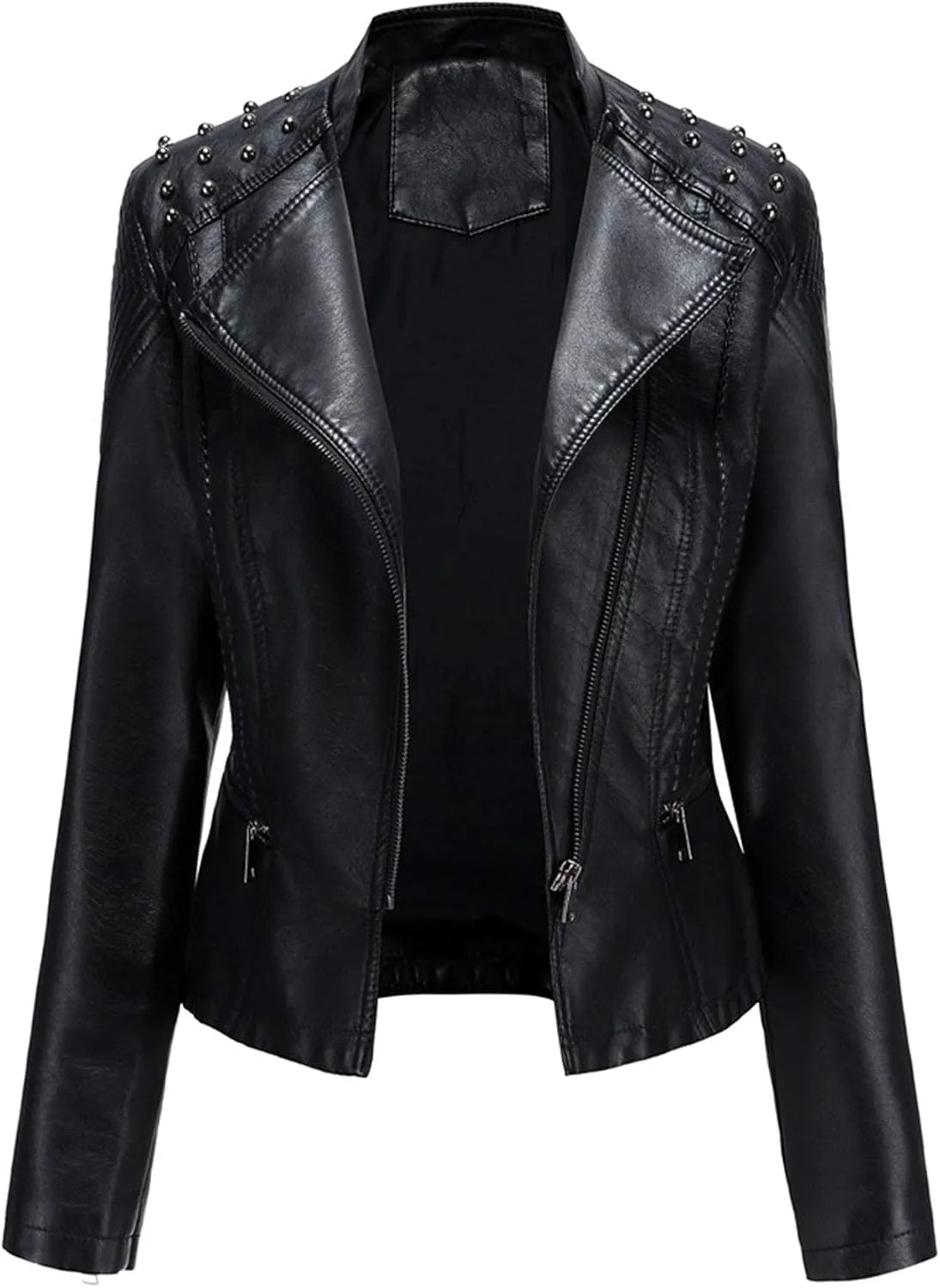 Womens Ladies PU Leather Slim Fit Rivet Punk Motorcycle Biker Jacket Coat