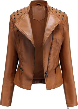 Womens Ladies PU Leather Slim Fit Rivet Punk Motorcycle Biker Jacket Coat