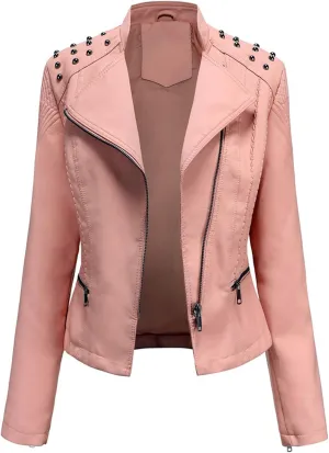 Womens Ladies PU Leather Slim Fit Rivet Punk Motorcycle Biker Jacket Coat
