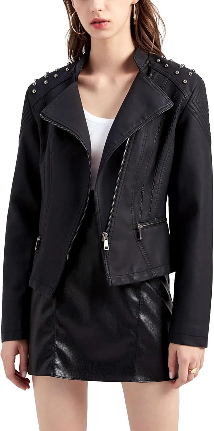 Womens Ladies PU Leather Slim Fit Rivet Punk Motorcycle Biker Jacket Coat