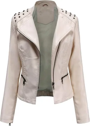 Womens Ladies PU Leather Slim Fit Rivet Punk Motorcycle Biker Jacket Coat