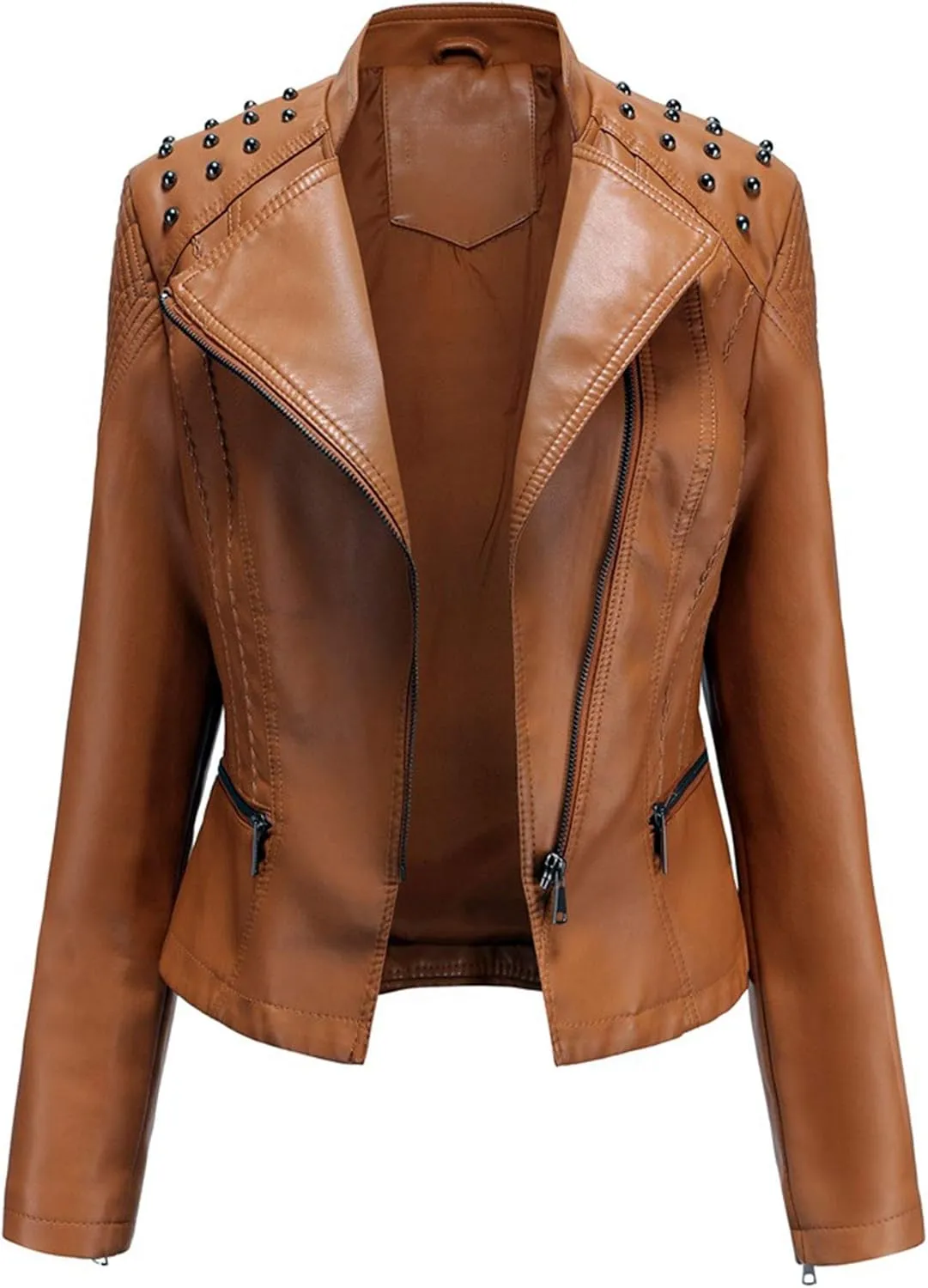Womens Ladies PU Leather Slim Fit Rivet Punk Motorcycle Biker Jacket Coat