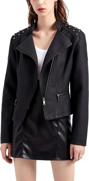 Womens Ladies PU Leather Slim Fit Rivet Punk Motorcycle Biker Jacket Coat