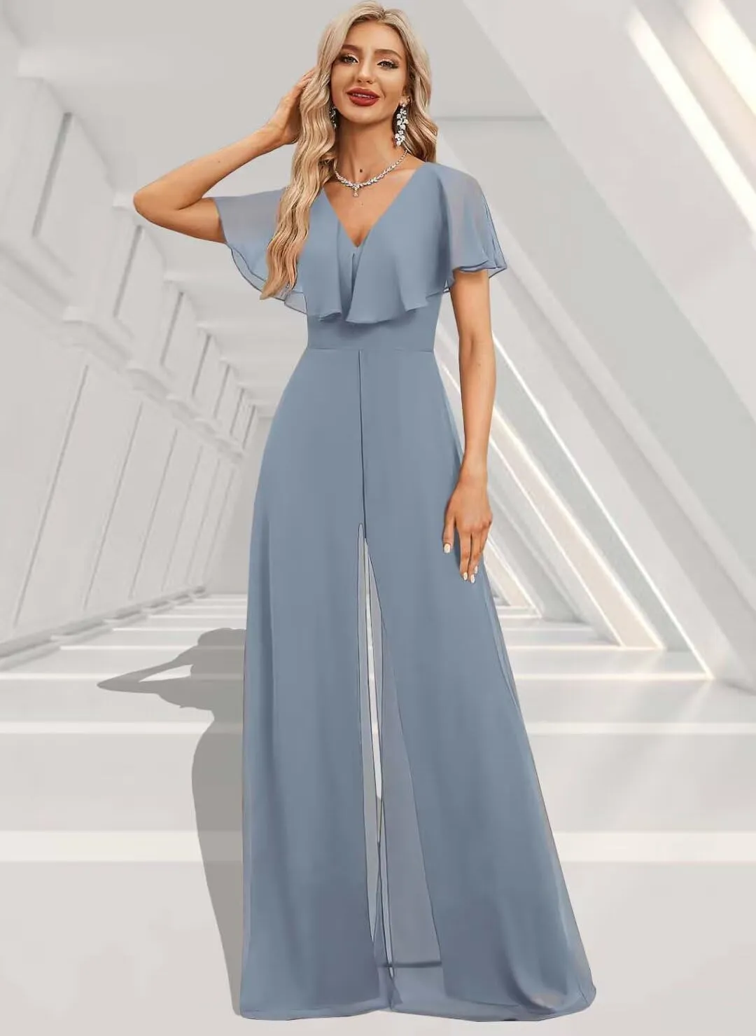 Women's One Pieces Outfit V Neck Short Puffy Sleeve Pants Jumpsuit Bridesmaid Pantsuits for Wedding Party