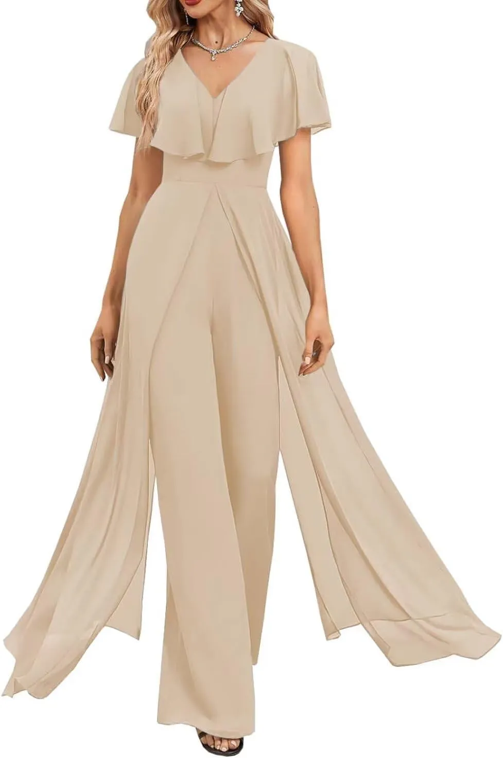 Women's One Pieces Outfit V Neck Short Puffy Sleeve Pants Jumpsuit Bridesmaid Pantsuits for Wedding Party