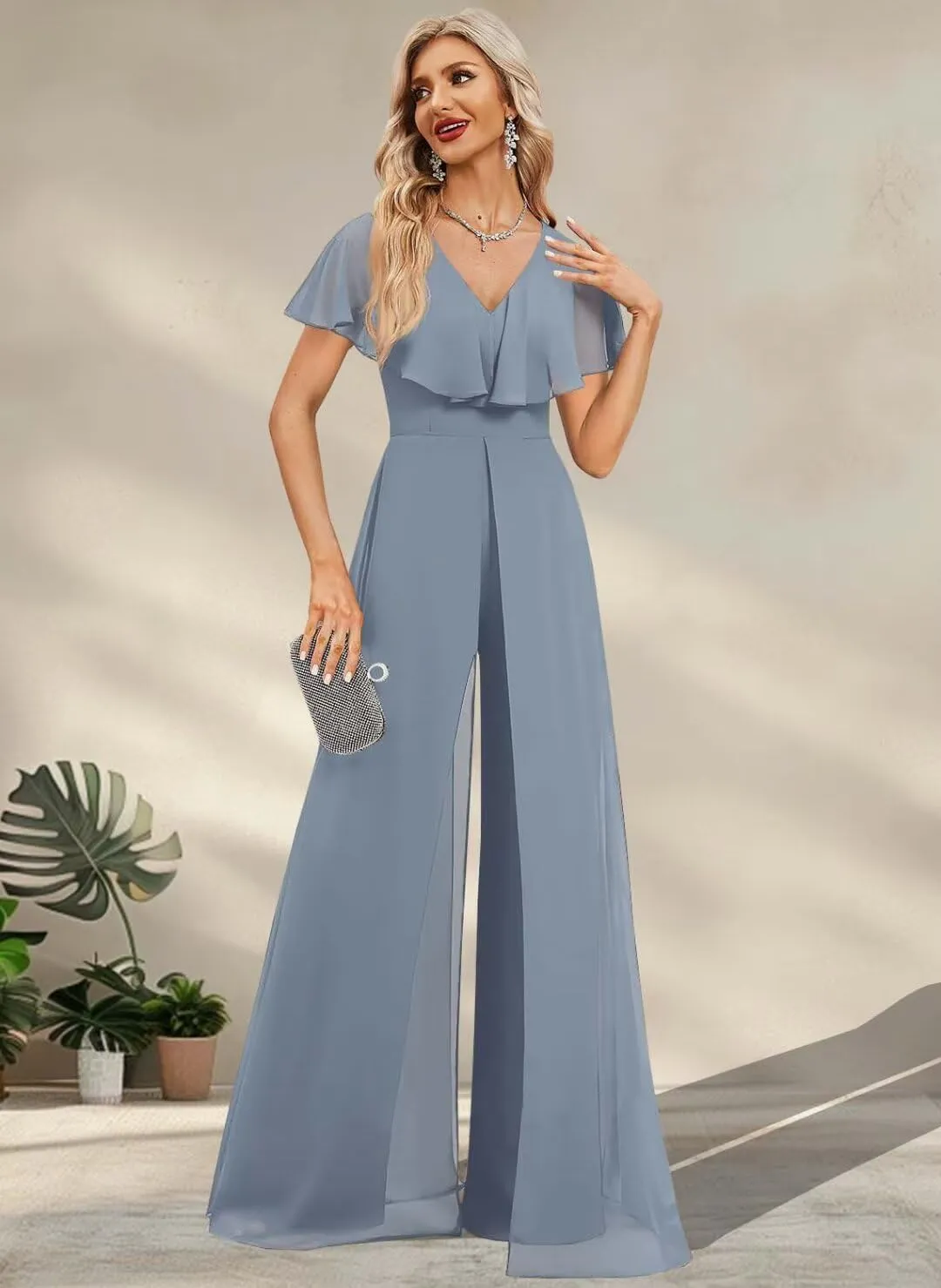 Women's One Pieces Outfit V Neck Short Puffy Sleeve Pants Jumpsuit Bridesmaid Pantsuits for Wedding Party