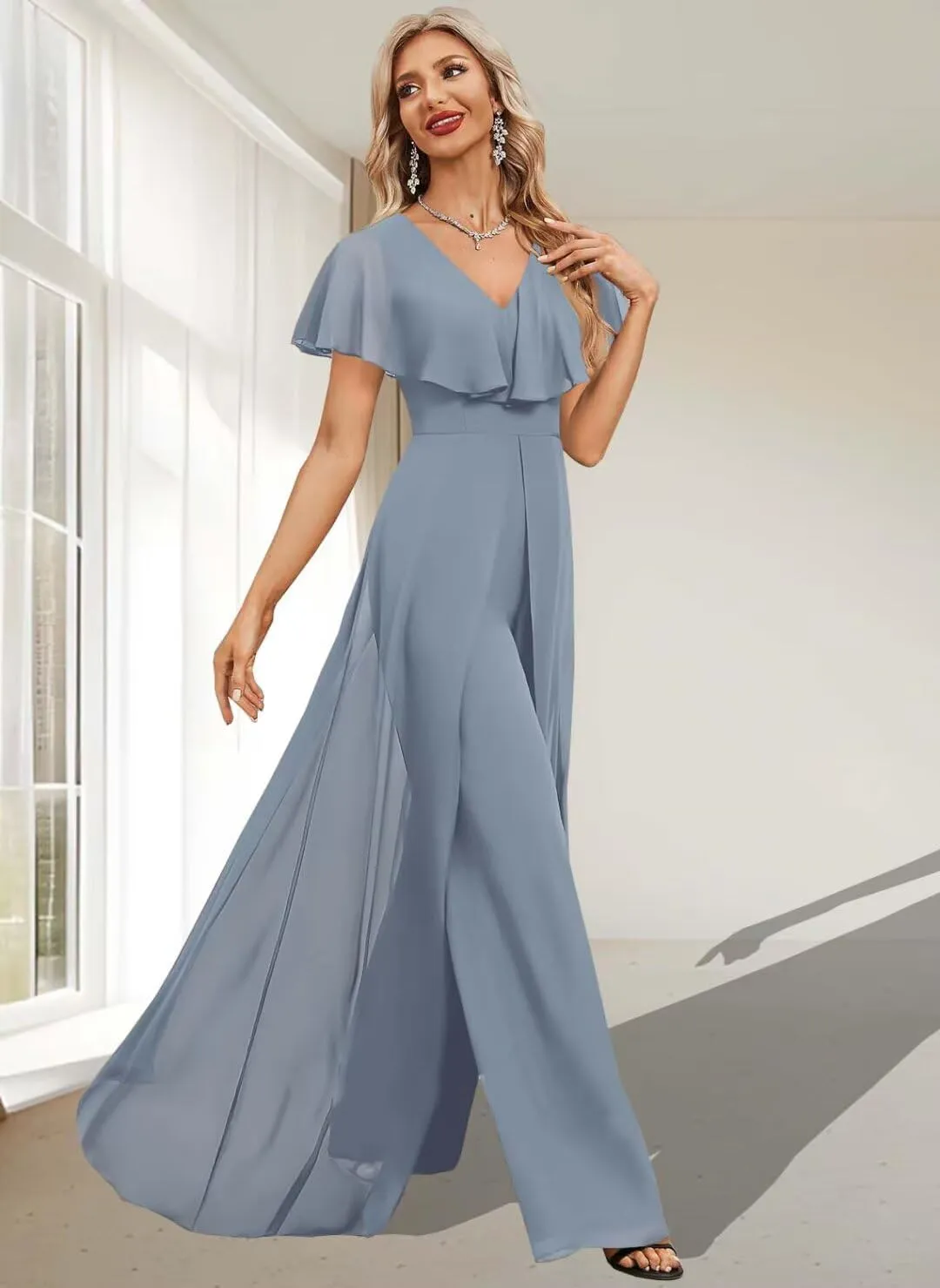 Women's One Pieces Outfit V Neck Short Puffy Sleeve Pants Jumpsuit Bridesmaid Pantsuits for Wedding Party