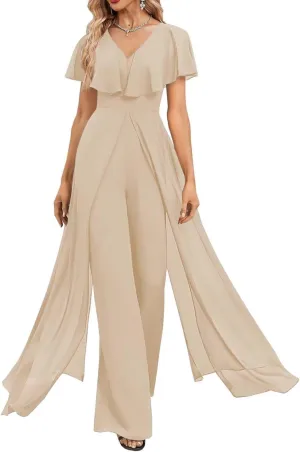 Women's One Pieces Outfit V Neck Short Puffy Sleeve Pants Jumpsuit Bridesmaid Pantsuits for Wedding Party