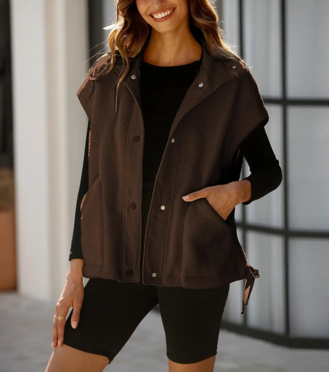 Women's Oversized Fleece Vest Casual Sleeveless Fuzzy Sherpa Jacket Winter Warm Button Down Outerwear with Pockets
