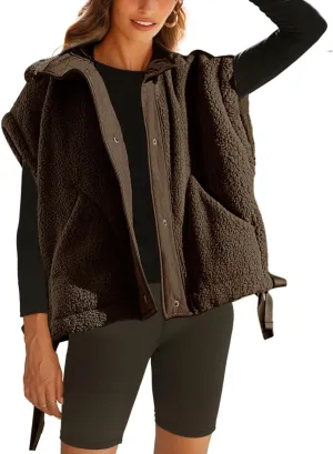 Women's Oversized Fleece Vest Casual Sleeveless Fuzzy Sherpa Jacket Winter Warm Button Down Outerwear with Pockets