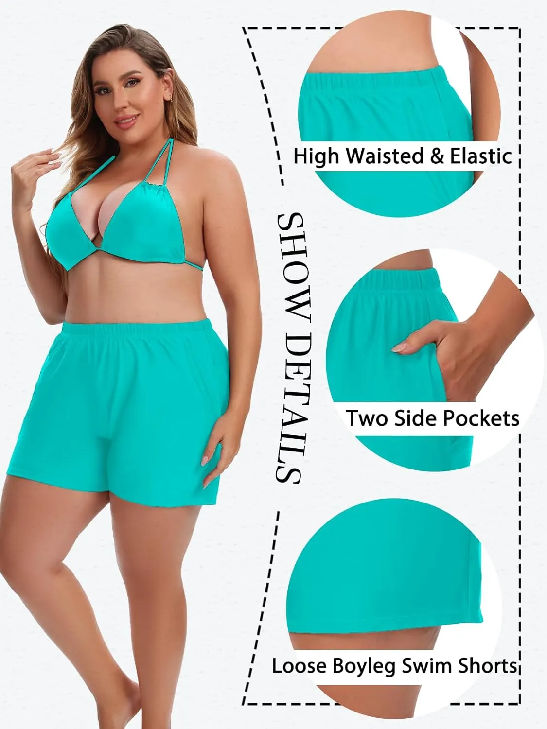 Women's Plus Size Swim Shorts High Waisted Bathing Suit Bottoms Long Swimsuit Board Short Tankini Trunks with Pocket
