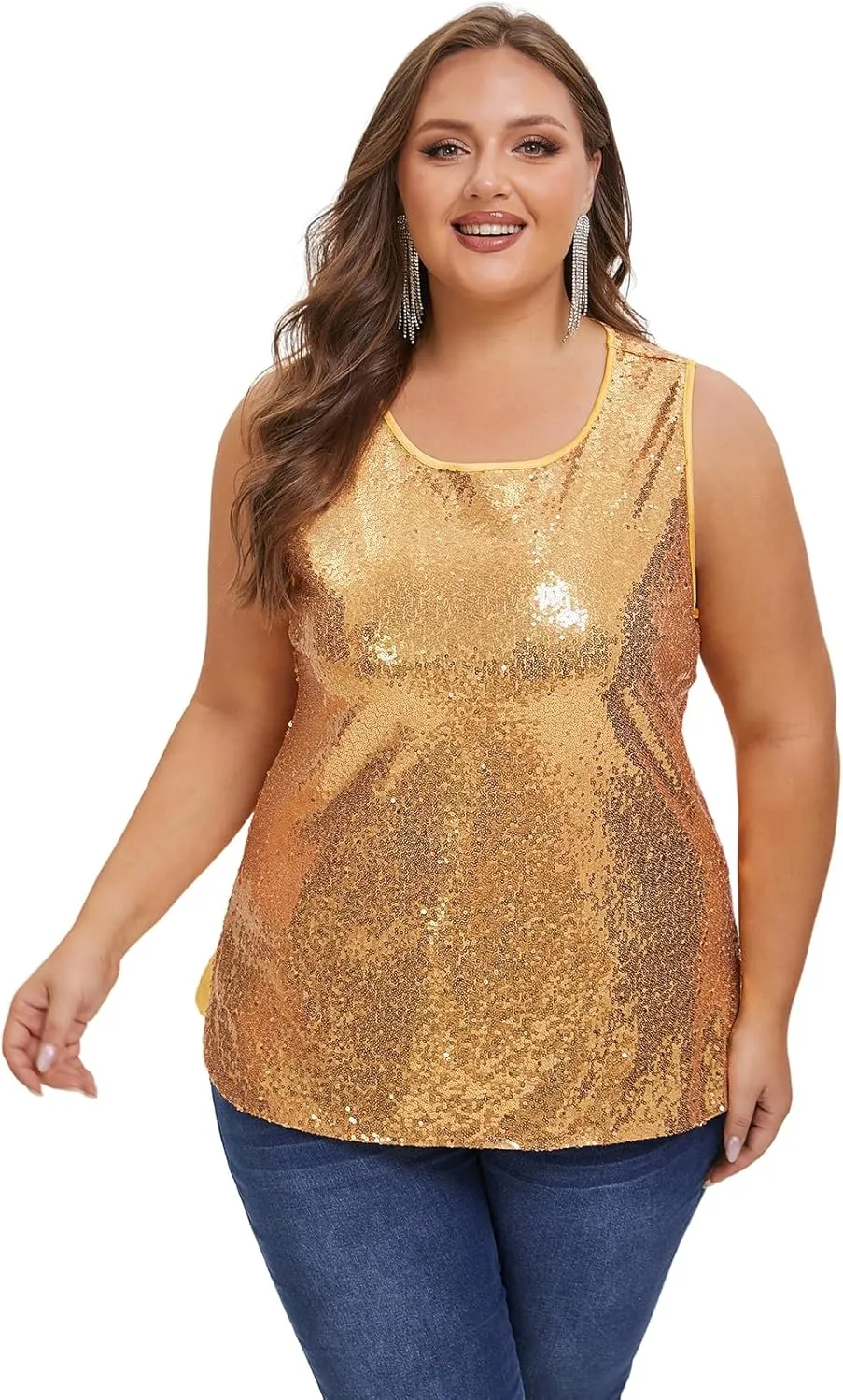 Women's Sequin Tops Plus Size Sparkle Glitter Sleeveless Vest Tank Tops Clubwear Party