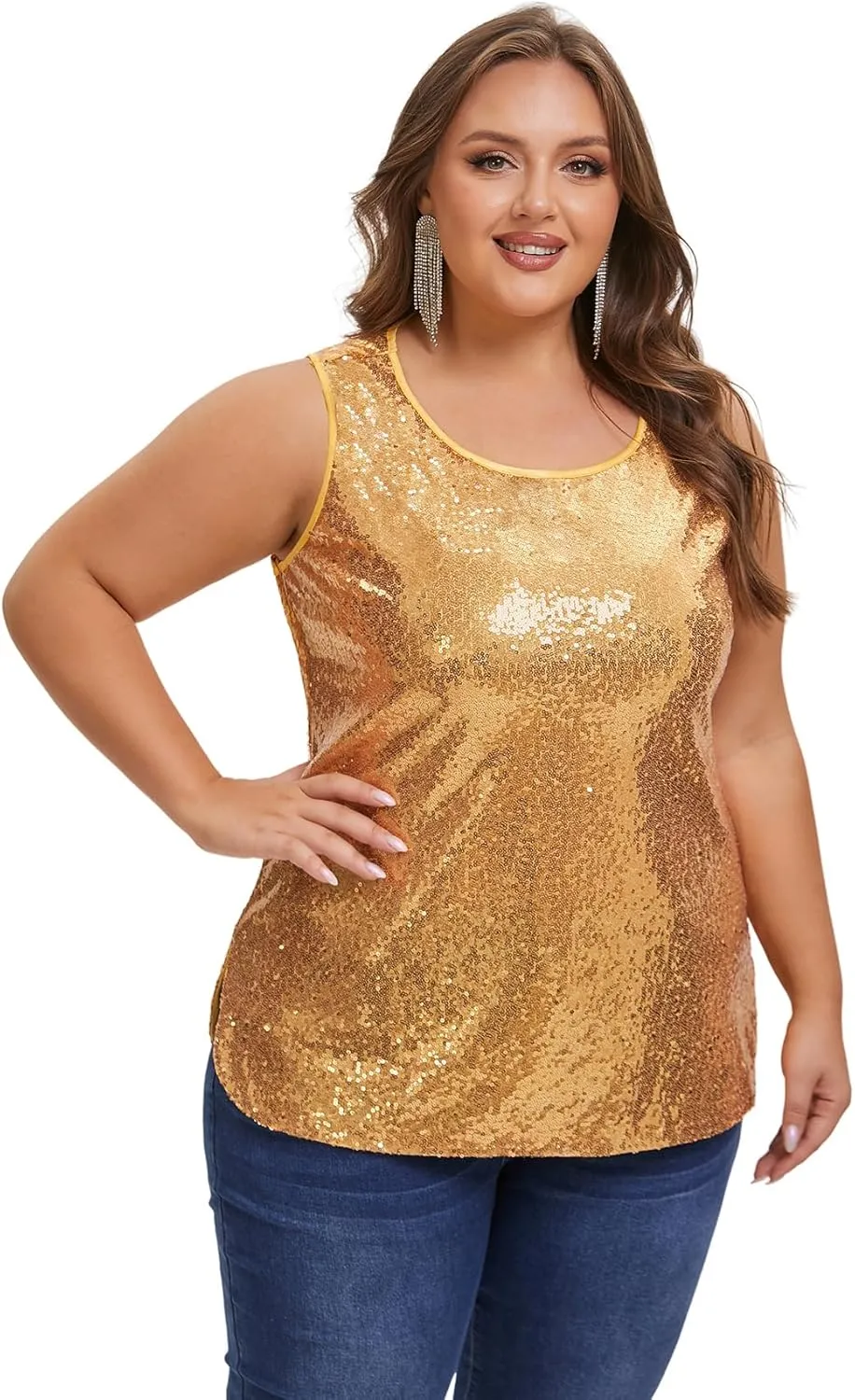 Women's Sequin Tops Plus Size Sparkle Glitter Sleeveless Vest Tank Tops Clubwear Party
