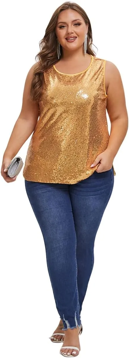 Women's Sequin Tops Plus Size Sparkle Glitter Sleeveless Vest Tank Tops Clubwear Party