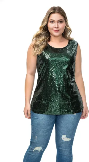 Women's Sequin Tops Plus Size Sparkle Glitter Sleeveless Vest Tank Tops Clubwear Party