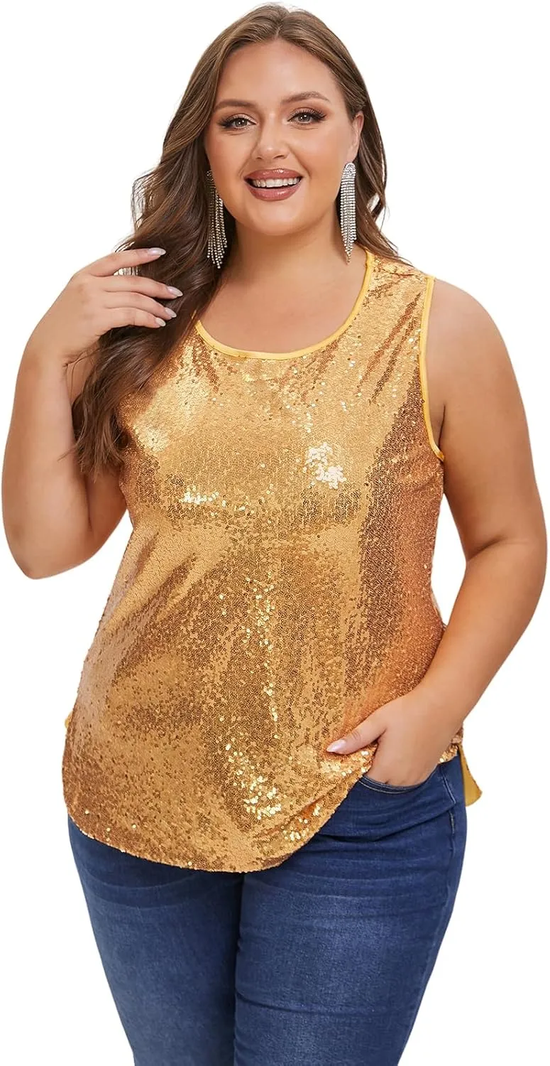 Women's Sequin Tops Plus Size Sparkle Glitter Sleeveless Vest Tank Tops Clubwear Party