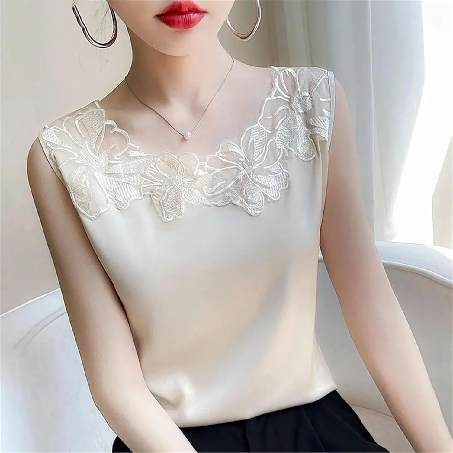 Women's Silk Satin Camisole Tank Tops for Women Trendy Summer Sleeveless Lace Vest