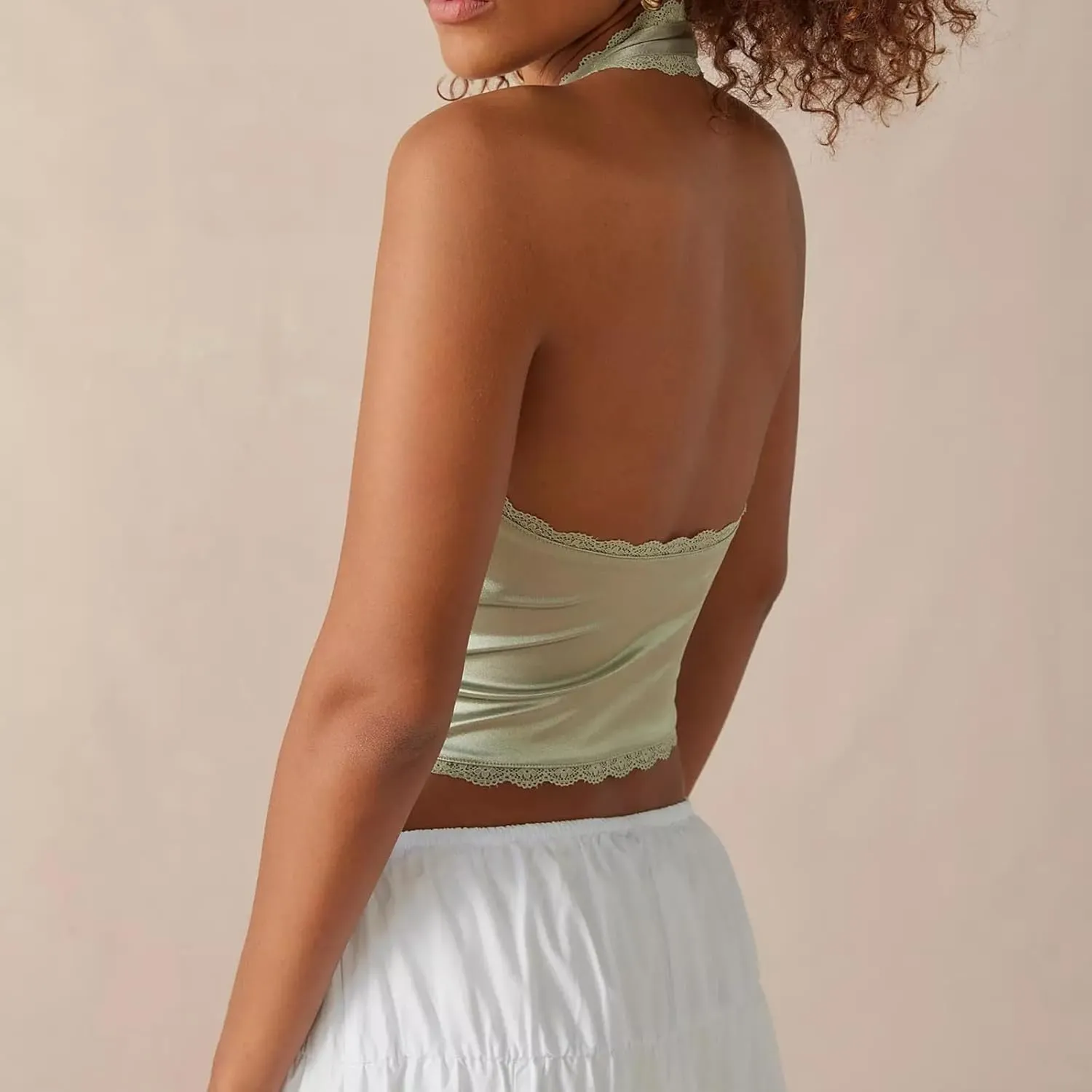 Women's Sleeveless Satin Tank Top Backless Tie Back Halter Blouse Lace Trim Front Bowknot V-Neck Crop Camisole