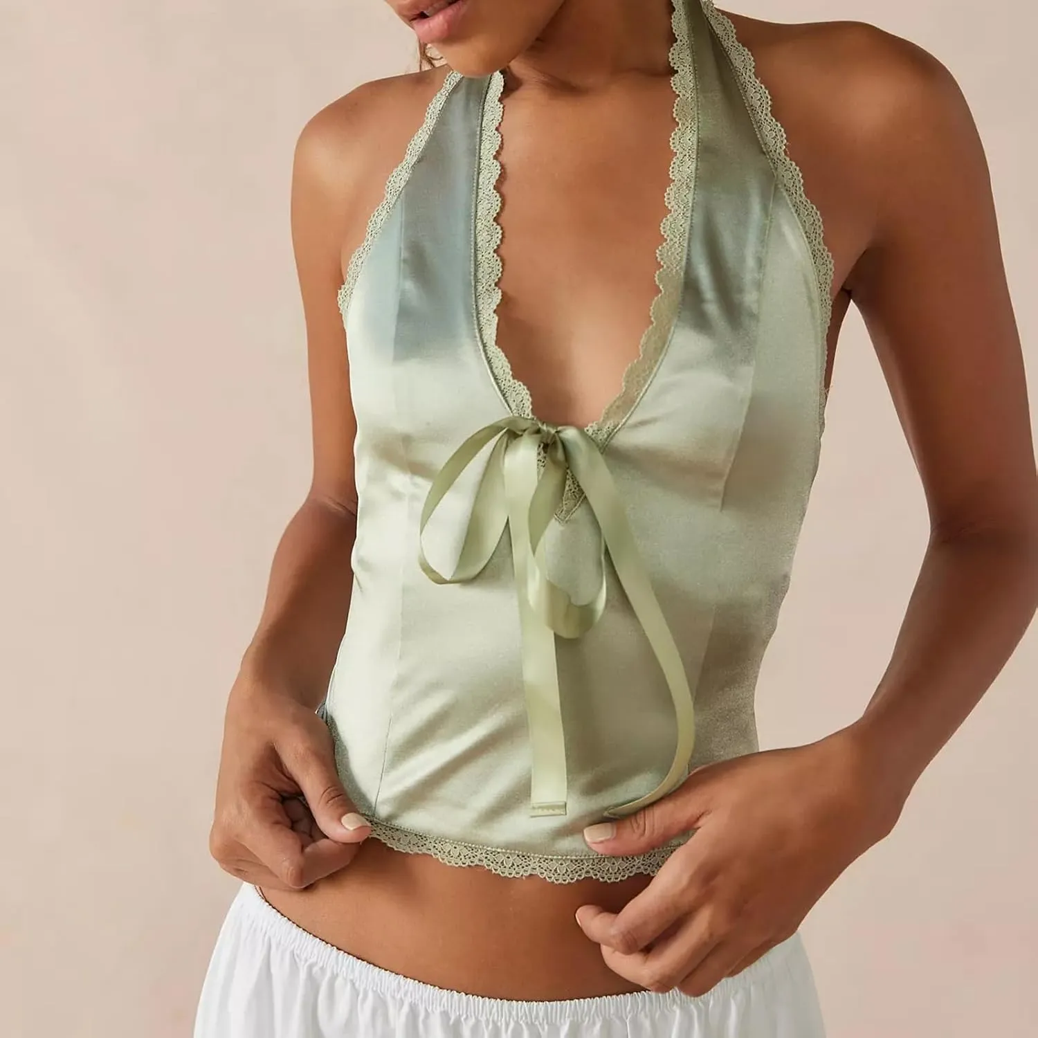 Women's Sleeveless Satin Tank Top Backless Tie Back Halter Blouse Lace Trim Front Bowknot V-Neck Crop Camisole