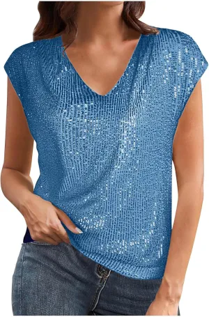Womens Sparkle Sequin Top - Shimmer Glitter Blouses V Neck Cap Sleeve Club Party Shirts Disco Concert Tanks Tops 2025