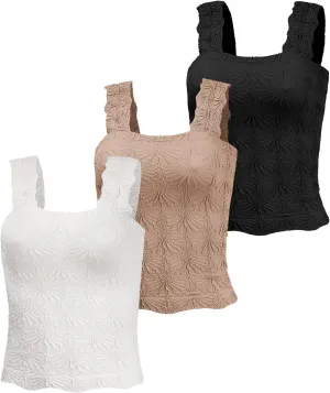 Women's Square Neck Tops Slim Fit Sleeveless Wide Strap Crop Tank Tops Lettuce Trim Crop Cami Tops with Floral Jacquard