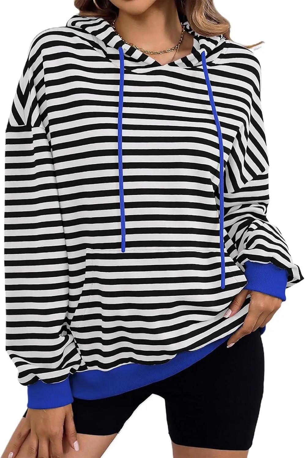 Womens Stripe Hoodies Oversized Sweatshirts Striped Color Block Drawstring Loose Pullover 2024 Fall Casual Hoodie Y2K