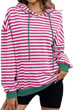 Womens Stripe Hoodies Oversized Sweatshirts Striped Color Block Drawstring Loose Pullover 2024 Fall Casual Hoodie Y2K