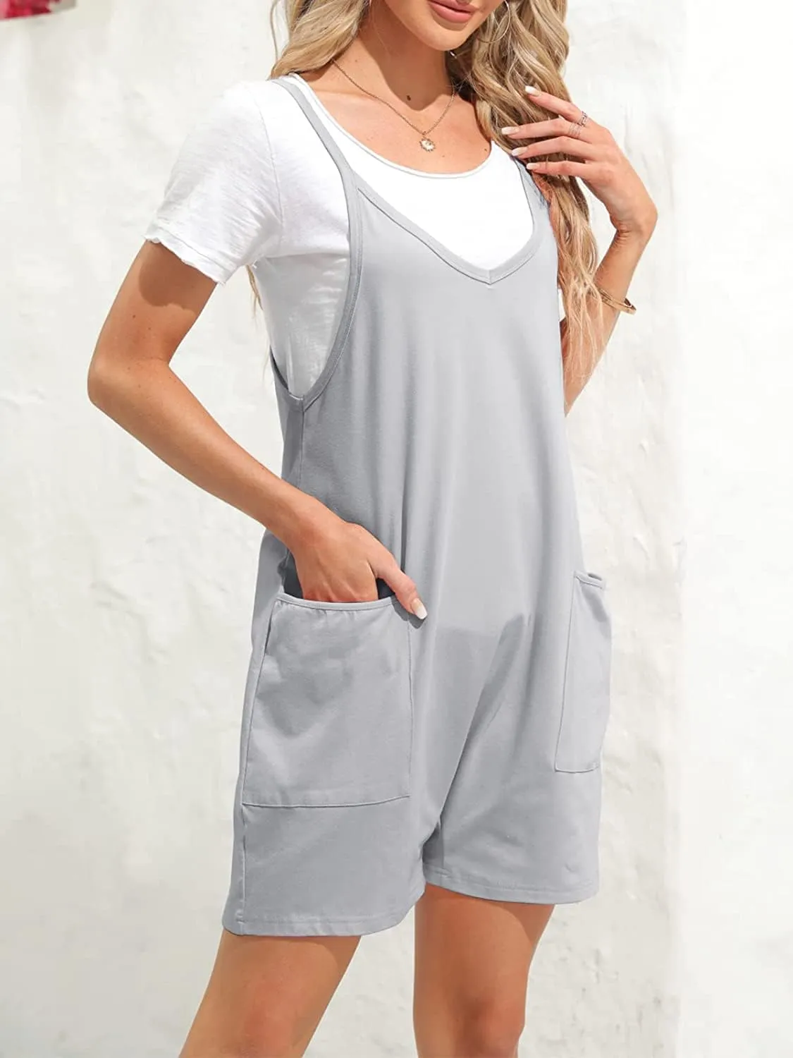 Women's Summer Casual Sleeveless Rompers Loose Fit Spaghetti Strap Shorts Jumpsuit Beach Cover Up with Pockets