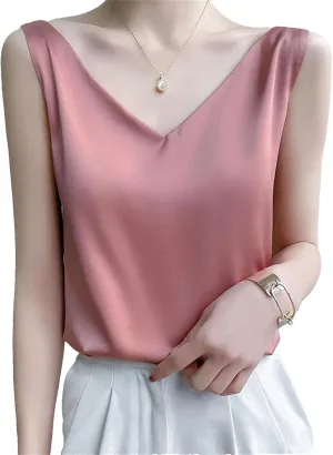 Women's Summer Sleeveless Tops for Women Trendy V-Neck Silk Satin Slim Fit Shoulder Camisole