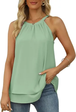 Womens Summer Tank Tops Casual Cute Pleated Strap Camisole Loose Fit Casual Sleeveless Halter Tank Tops Sexy Blouses