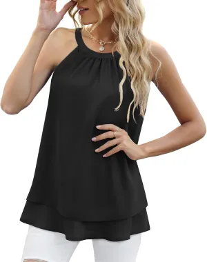 Womens Summer Tank Tops Casual Cute Pleated Strap Camisole Loose Fit Casual Sleeveless Halter Tank Tops Sexy Blouses