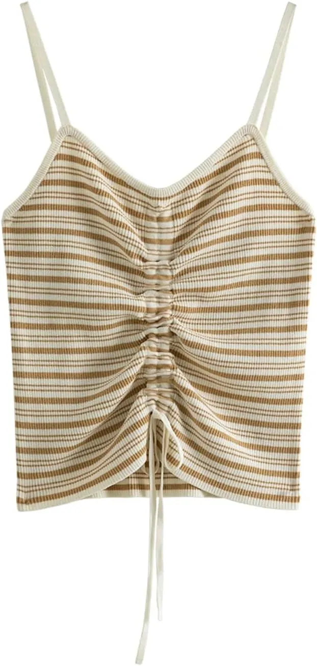 Womens T Shirts V-Neck Stripe Knitted Tanks Chest Shirring Female Short Camisole