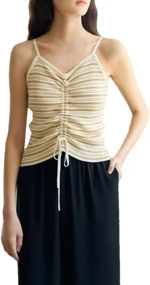 Womens T Shirts V-Neck Stripe Knitted Tanks Chest Shirring Female Short Camisole