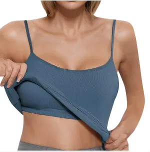 Women's Tank Top With Built In Bra Ribbed Knit Layer Shelf Bra Camisoles Spaghetti Strap Yoga Basic Cami Undershirts