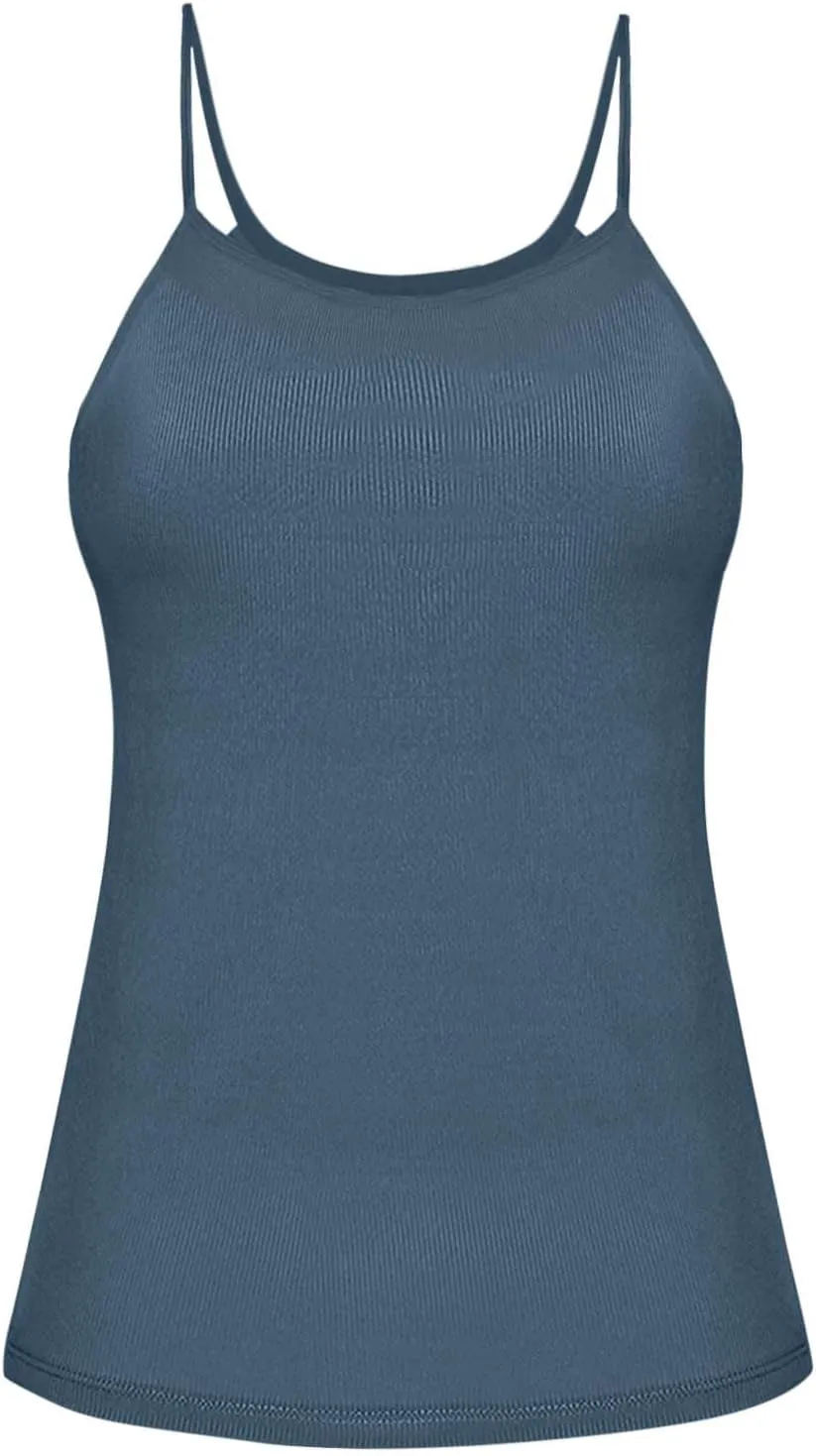 Women's Tank Top With Built In Bra Ribbed Knit Layer Shelf Bra Camisoles Spaghetti Strap Yoga Basic Cami Undershirts