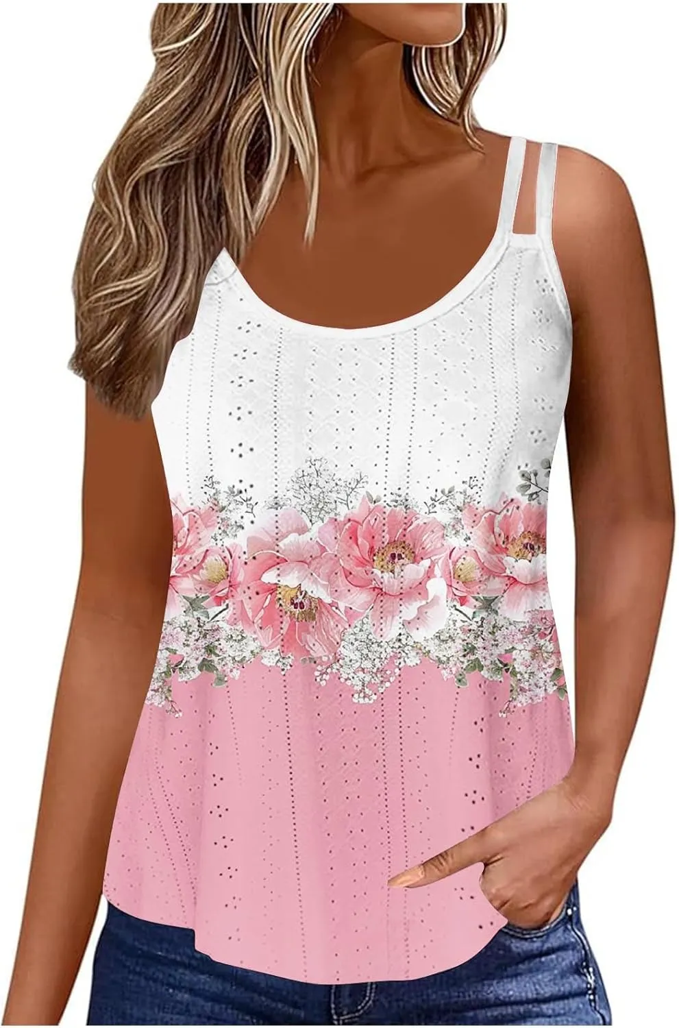 Womens Tank Tops Spaghetti Strap Camisoles Casual Summer Eyelet Shirts Sleeveless Blouses V Neck Cute Tunic Tops
