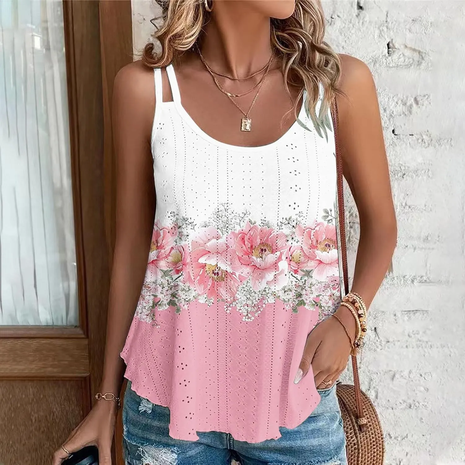 Womens Tank Tops Spaghetti Strap Camisoles Casual Summer Eyelet Shirts Sleeveless Blouses V Neck Cute Tunic Tops