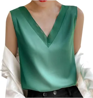 Womens Tank Tops V Neck Casual Silk Satin Cami Top Sleeveless Camisole Dressy Casual Blouses Summer Basic Tanks