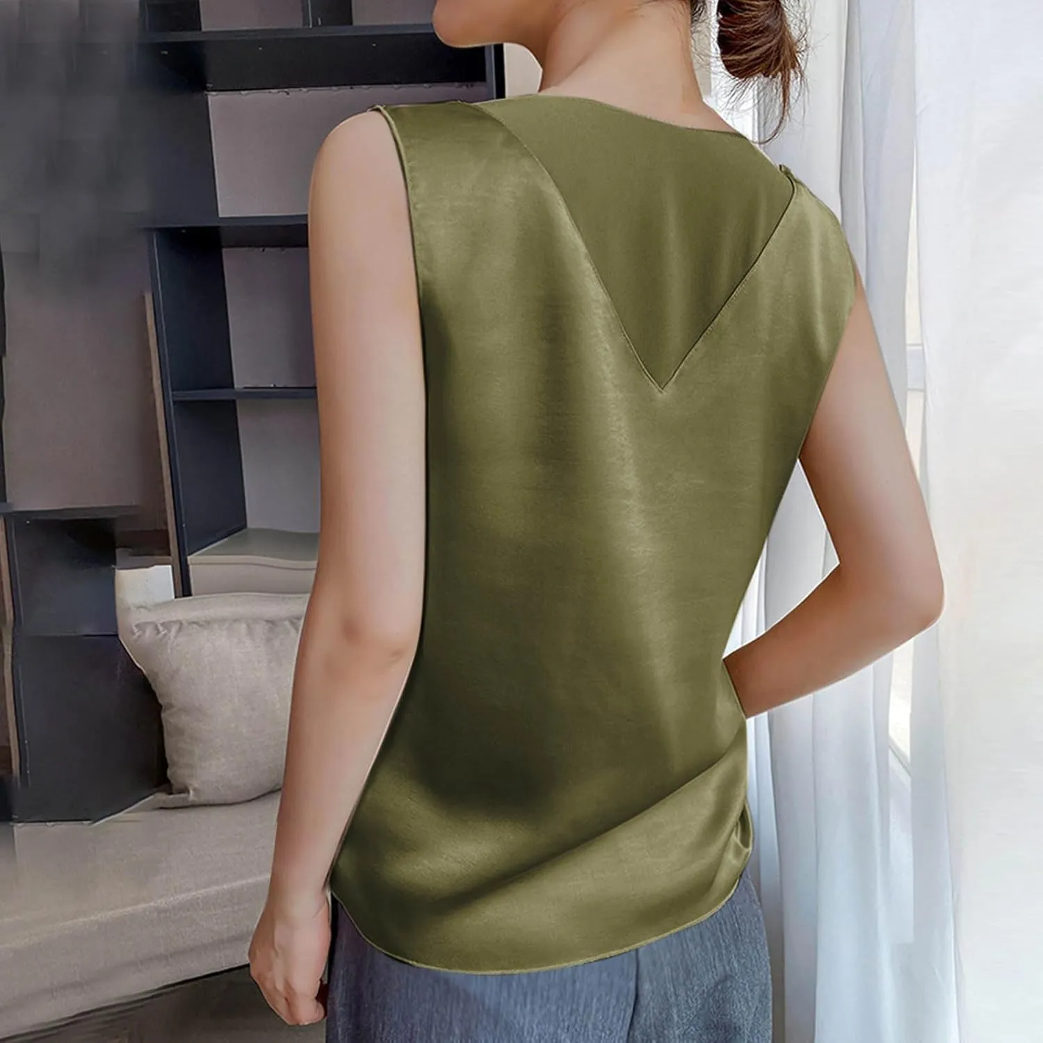 Womens Tank Tops V Neck Casual Silk Satin Cami Top Sleeveless Camisole Dressy Casual Blouses Summer Basic Tanks