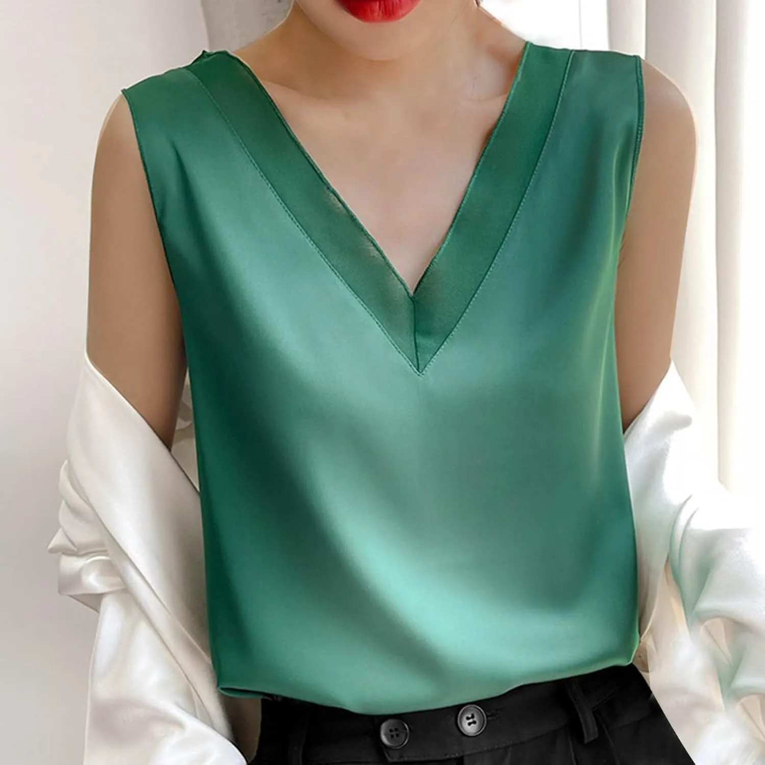 Womens Tank Tops V Neck Casual Silk Satin Cami Top Sleeveless Camisole Dressy Casual Blouses Summer Basic Tanks