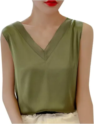 Womens Tank Tops V Neck Casual Silk Satin Cami Top Sleeveless Camisole Dressy Casual Blouses Summer Basic Tanks
